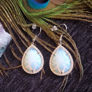 GENUINE MOONSTONE Teardrop Earrings EAR WIRE HOOK DROP DANGLE SILVER CZ HALO
